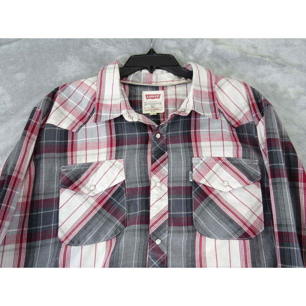 Levi's XL Pearl Snap Western Shirt Men's Red Gray Plaid Long Sleeve Casual